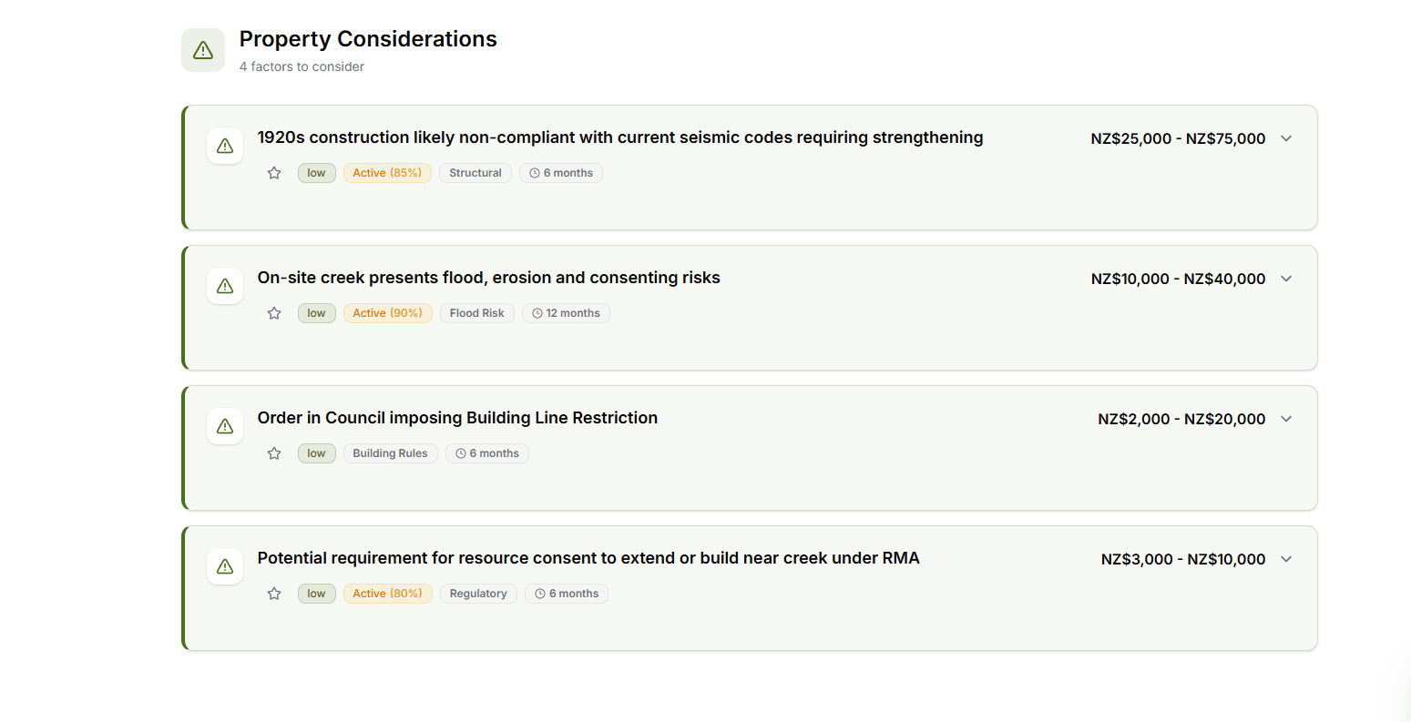 Property considerations showing seismic, flood, and compliance risks with cost estimates